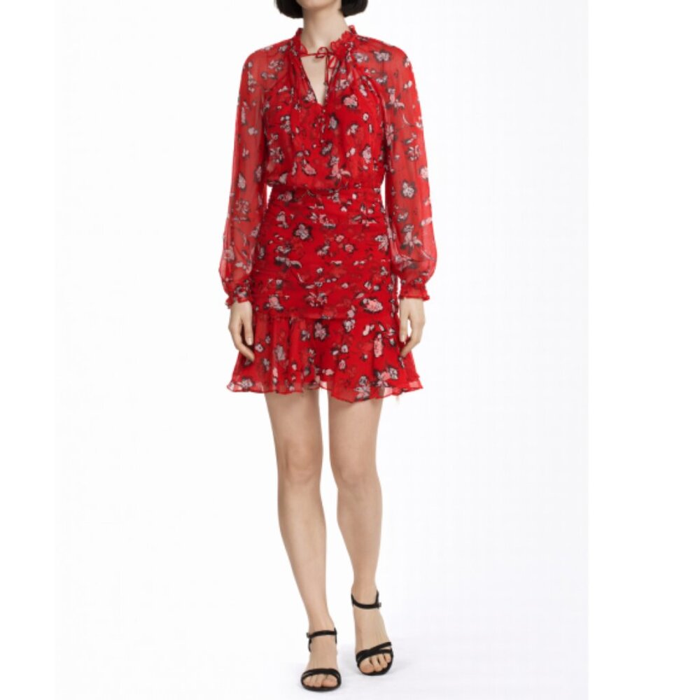 Veronica Beard 'Alena' Floral-Print Ruched Silk Mini-Dress, Red Multi